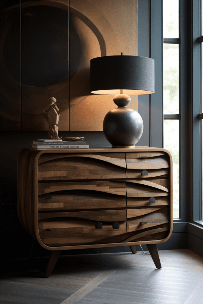 A wooden dresser in a room with a lamp.