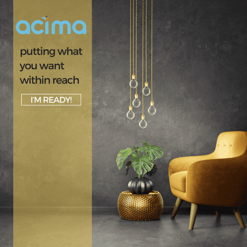 An advertisement featuring a stylish yellow armchair, hanging glass lights, and a potted plant on a gold stand against a textured gray wall, with the logo "acima" and text "putting what you want within reach.